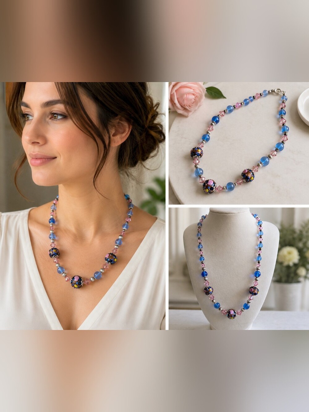 Murano Glass Wedding Cake Bead Necklace Sterling 925 Blue Pink Venetian Lampwork